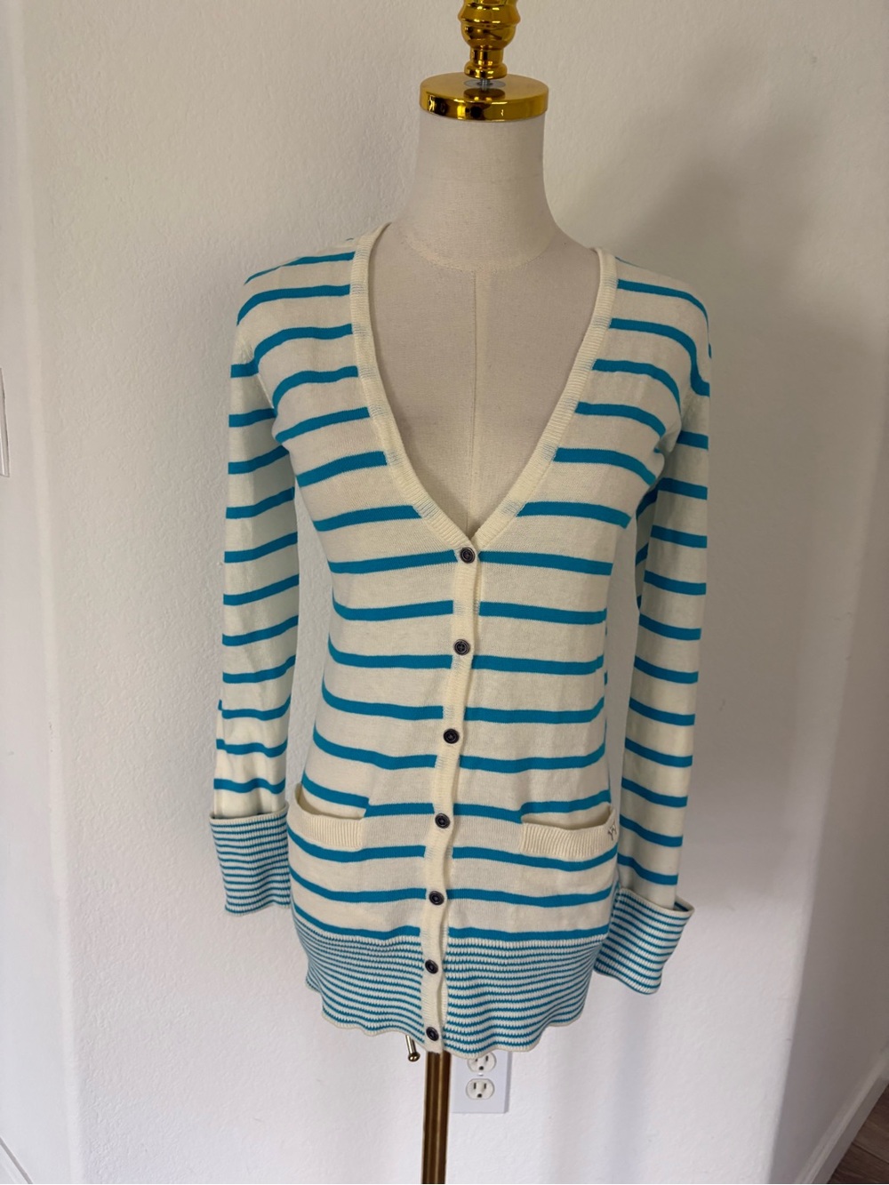 PINK Victoria's Secret Cream & Teal Striped V-Neck Cardigan